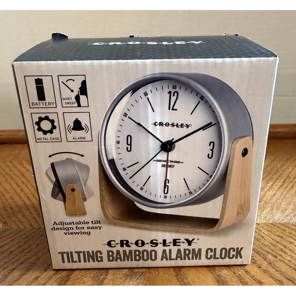 Crosley Analog Bamboo & Metal Tilt Alarm Clock With Silent Sweep Movement